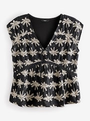 Black with Tan Broderie V-Neck Lace Detail Short Sleeve Top - Image 5 of 6