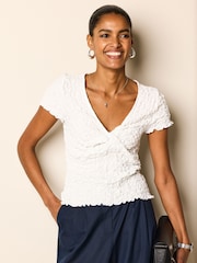 White Textured Twist Front Short Sleeve Top - Image 4 of 6