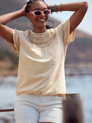 Neutral Short Sleeve Crochet Bubblehem Top - Image 1 of 6