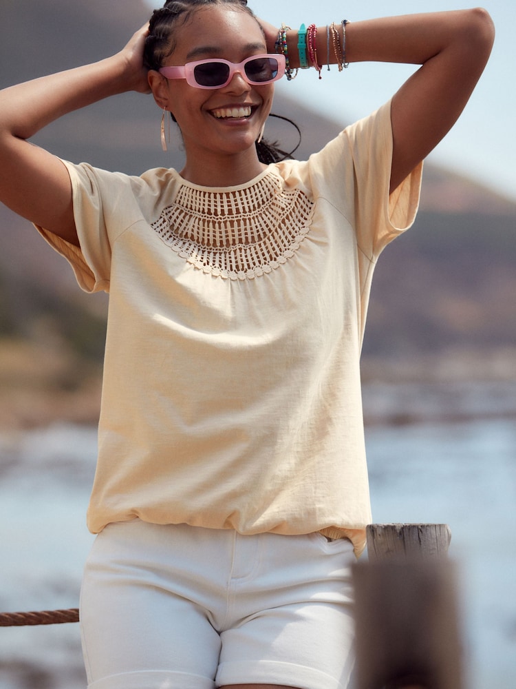 Neutral Short Sleeve Crochet Bubblehem Top - Image 1 of 6