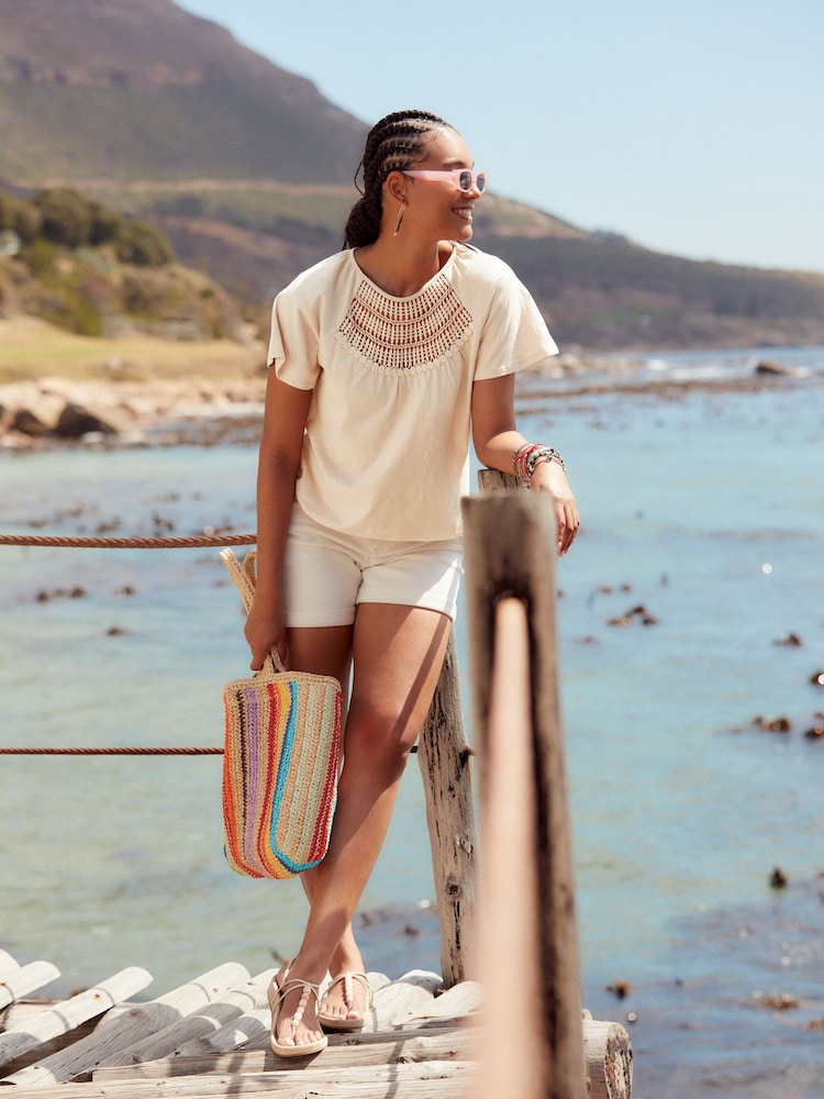 Neutral Short Sleeve Crochet Bubblehem Top - Image 2 of 6