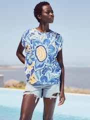 Blue Floral Crew Neck Linen Look Slub Jersey Cap Sleeve Printed T-Shirt - Image 1 of 6