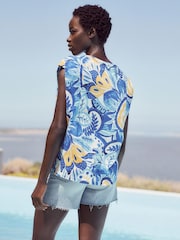 Blue Floral Crew Neck Linen Look Slub Jersey Cap Sleeve Printed T-Shirt - Image 3 of 6