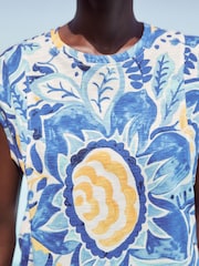 Blue Floral Crew Neck Linen Look Slub Jersey Cap Sleeve Printed T-Shirt - Image 4 of 6