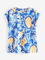 Blue Floral Crew Neck Linen Look Slub Jersey Cap Sleeve Printed T-Shirt - Image 5 of 6