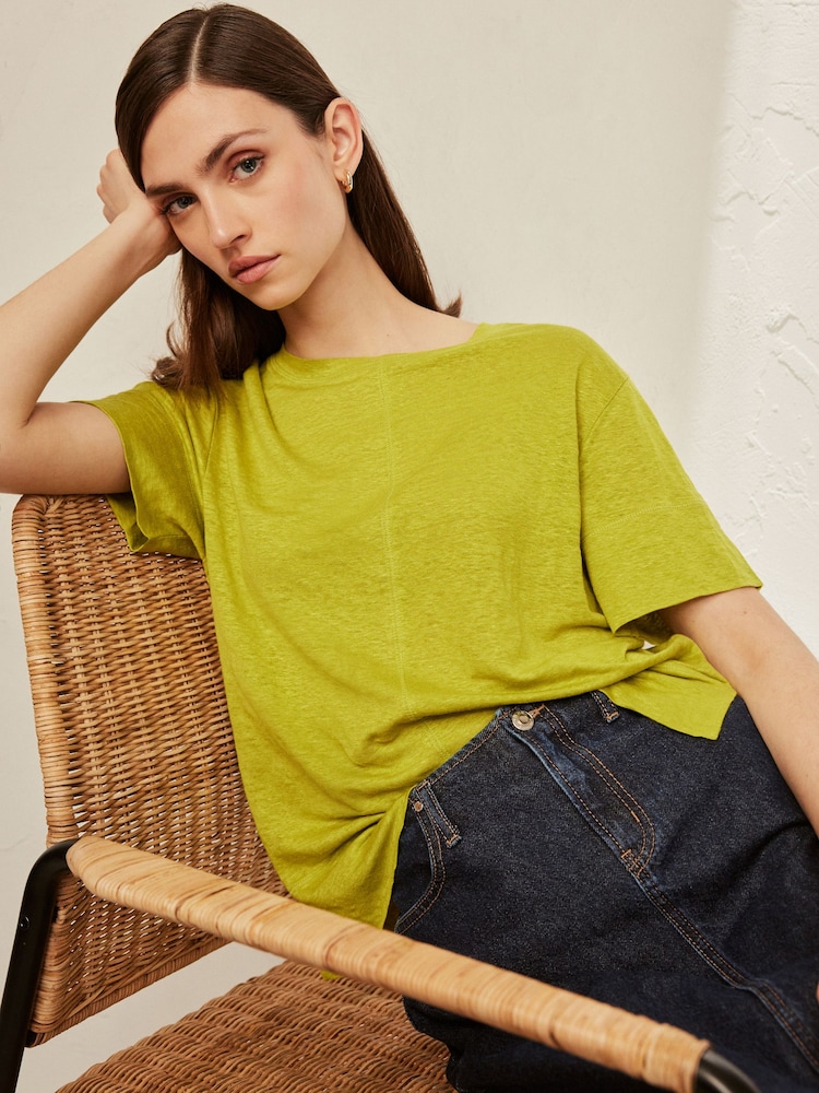 Lime Green Slim Fit Premium 100% Linen Crew Neck Short Sleeve T-Shirt - Image 1 of 6 Lime Green Slim Fit Premium 100% Linen Crew Neck Short Sleeve T-Shirt - Image 1 of 6