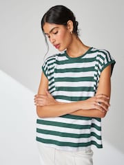 Green/White Crew Neck Linen Look Slub Jersey Cap Sleeve Printed T-Shirt - Image 1 of 6