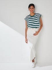 Green/White Crew Neck Linen Look Slub Jersey Cap Sleeve Printed T-Shirt - Image 2 of 6