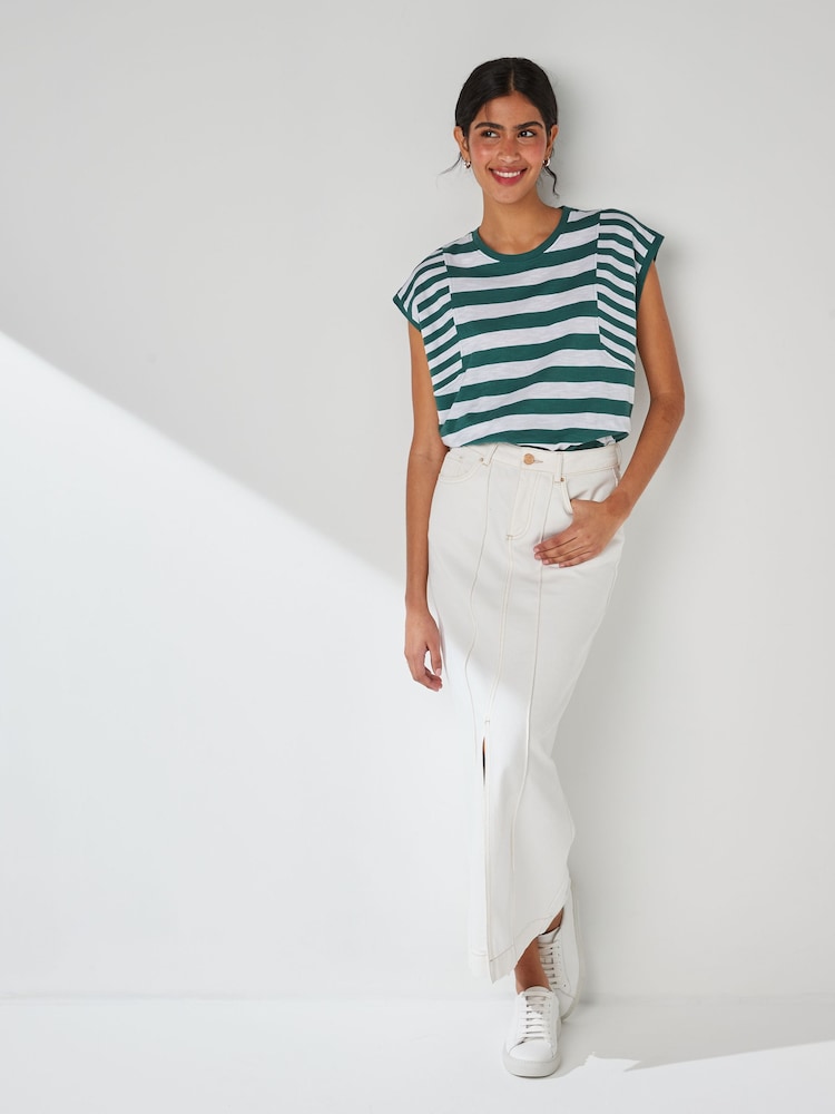 Green/White Crew Neck Linen Look Slub Jersey Cap Sleeve Printed T-Shirt - Image 2 of 6