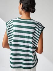 Green/White Crew Neck Linen Look Slub Jersey Cap Sleeve Printed T-Shirt - Image 3 of 6