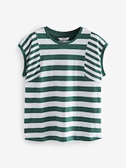 Green/White Crew Neck Linen Look Slub Jersey Cap Sleeve Printed T-Shirt - Image 5 of 6