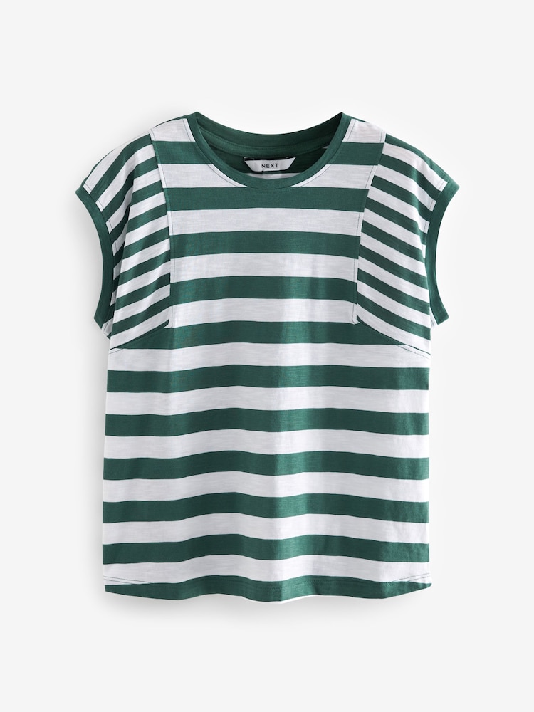 Vert/Blanc - Col rond  100% Cotton Look Slub Jersey Mancherons Printed T-shirt - Image 5 of 6