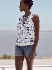 Blue Print Broderie Sleeveless Tie Top - Image 1 of 6