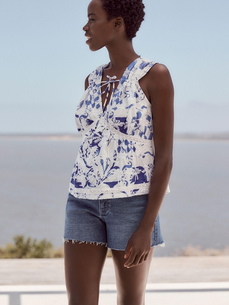 Blue Print Broderie Sleeveless Tie Top - Image 1 of 6