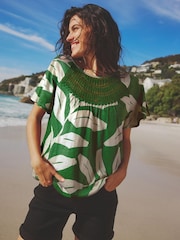 Green Leaf Short Sleeve Crochet Bubblehem Printed Top - Image 1 of 6