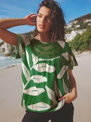 Green Leaf Short Sleeve Crochet Bubblehem Printed Top - Image 2 of 6