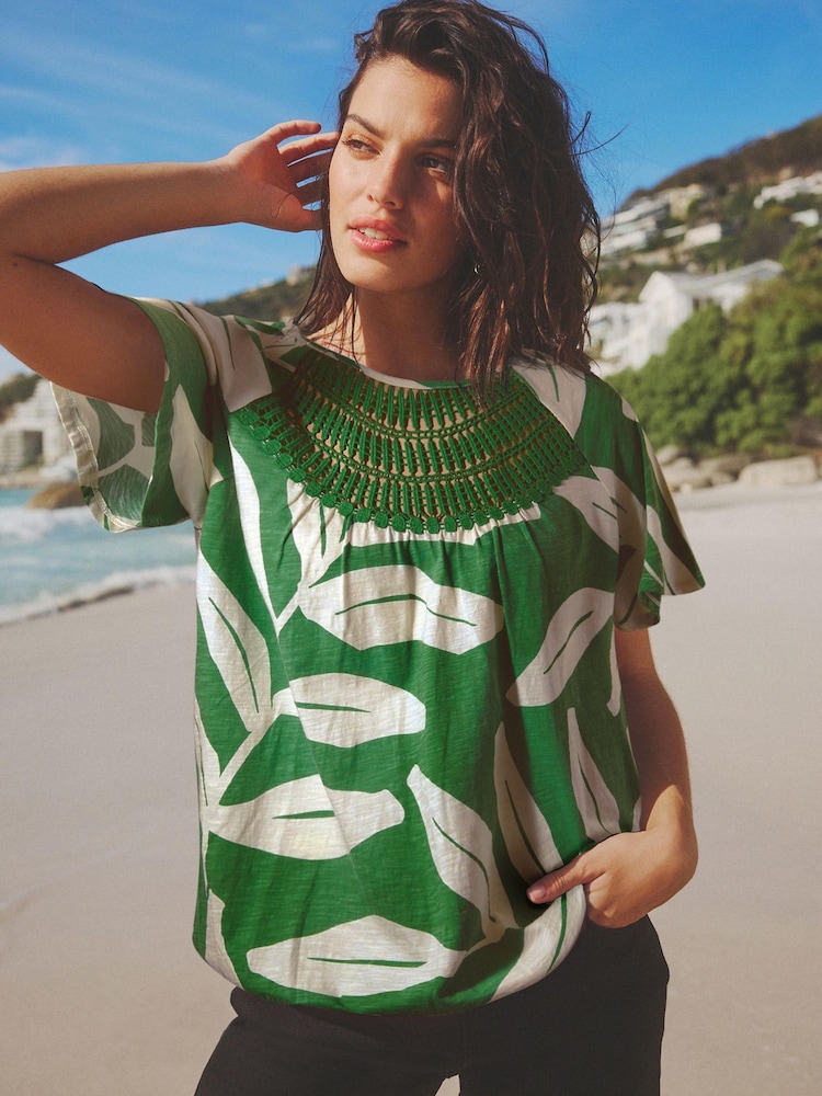 Green Leaf Short Sleeve Crochet Bubblehem Printed Top - Image 2 of 6