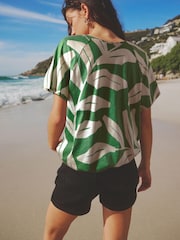 Green Leaf Short Sleeve Crochet Bubblehem Printed Top - Image 3 of 6