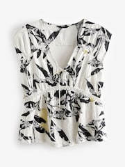 Ecru Lemon Print Broderie V-Neck Lace Detail Short Sleeve Top - Image 4 of 5