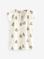 Ecru Cream Linen Blend Button Down Relaxed Sleeve Printed Top - Image 4 of 5