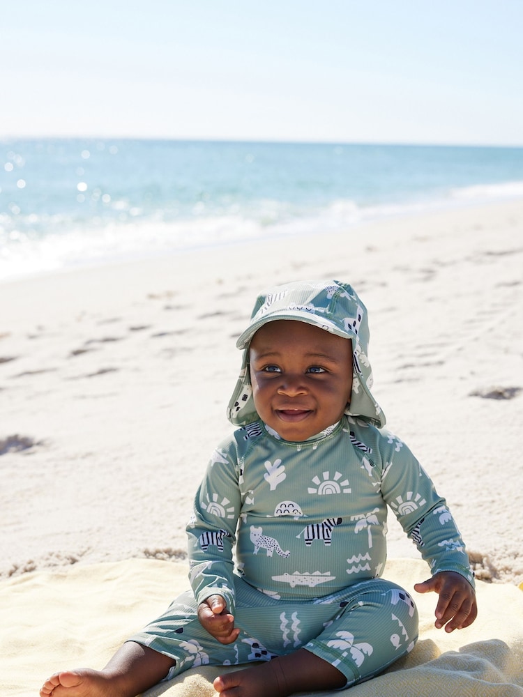 Sage Green Sunsafe Swimsuit & Hat 2 Piece Set (3mths-7yrs) - Image 1 of 10