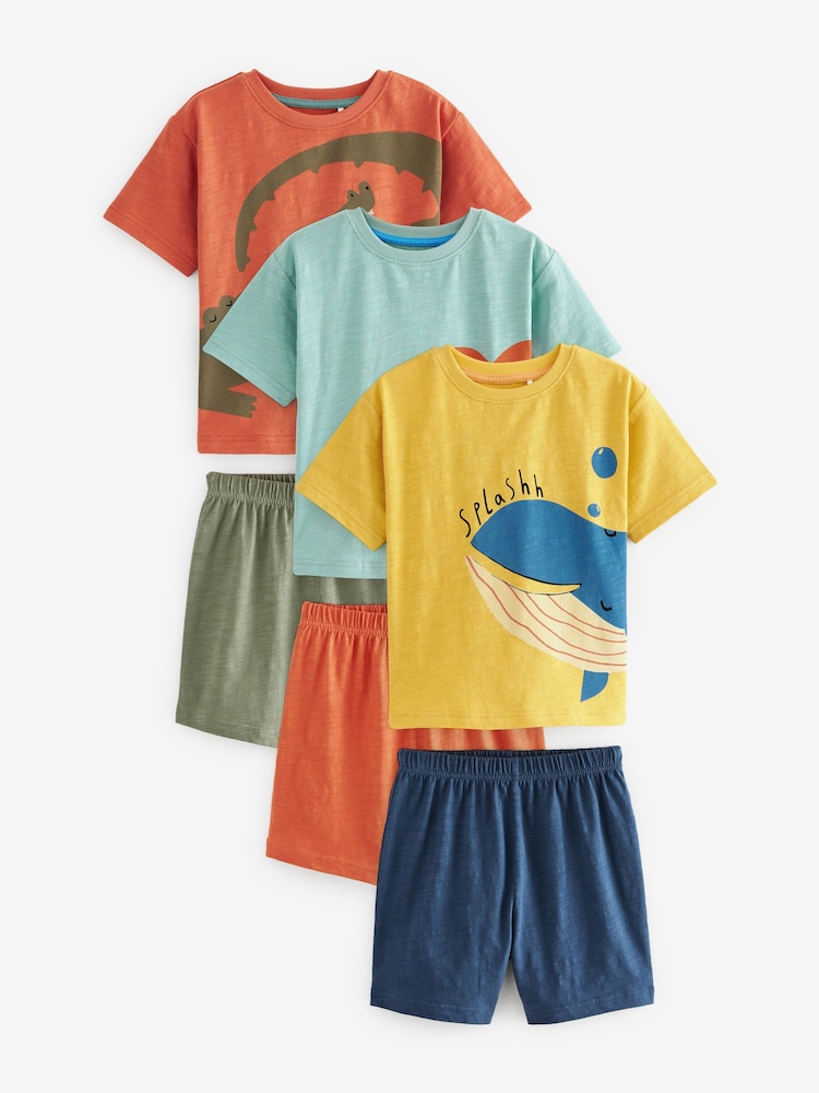 Muted Orange/Blue/Yellow Animal Short Sleeve 3 Pack Pyjama Set (9mths-12yrs) - Image 1 of 6
