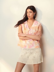 Pink Tie Dye Broderie V-Neck Lace Detail Short Sleeve Top - Image 1 of 5