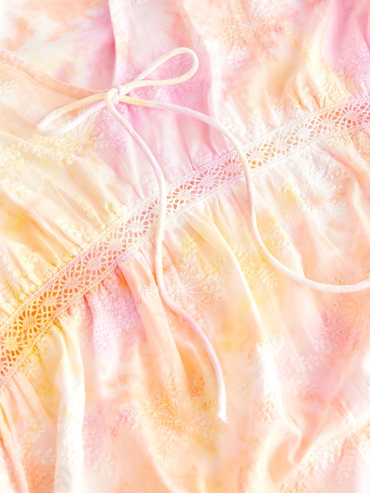 Pink Tie Dye Broderie V-Neck Lace Detail Short Sleeve Top - Image 5 of 5