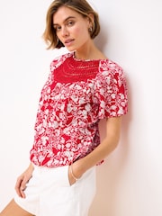 Red 100% Cotton Short Sleeve Crochet Bubblehem Printed Top - Image 2 of 6