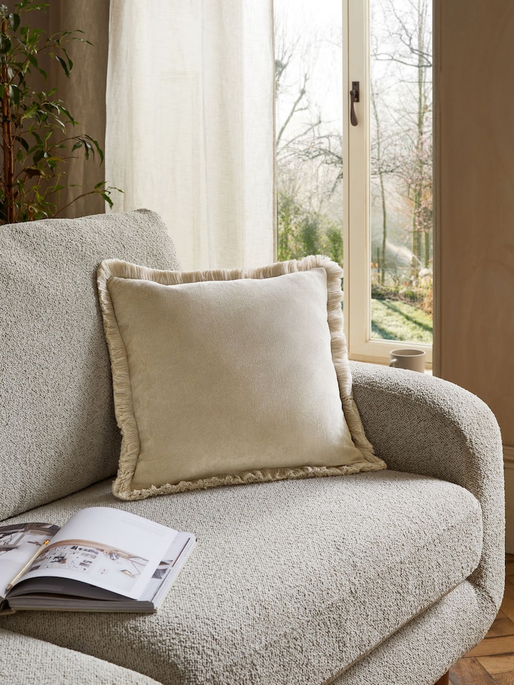 Stone Natural 45 x 45cm Soft Velour Fringe Cushion - Image 1 of 4