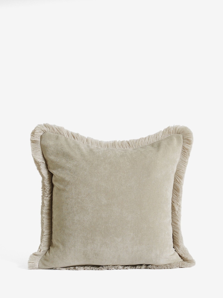 Stone Natural 45 x 45cm Soft Velour Fringe Cushion - Image 3 of 4