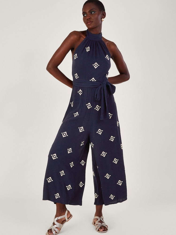 Monsoon Blue Embroidered Motif Halter Neck Jumpsuit - Image 1 of 5