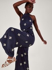 Monsoon Blue Embroidered Motif Halter Neck Jumpsuit - Image 3 of 5