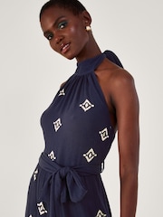 Monsoon Blue Embroidered Motif Halter Neck Jumpsuit - Image 4 of 5