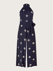 Monsoon Blue Embroidered Motif Halter Neck Jumpsuit - Image 5 of 5