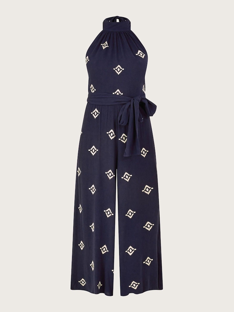 Monsoon Blue Embroidered Motif Halter Neck Jumpsuit - Image 5 of 5