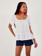 Monsoon White Plain Schiffli 100% Cotton Top - Image 1 of 5