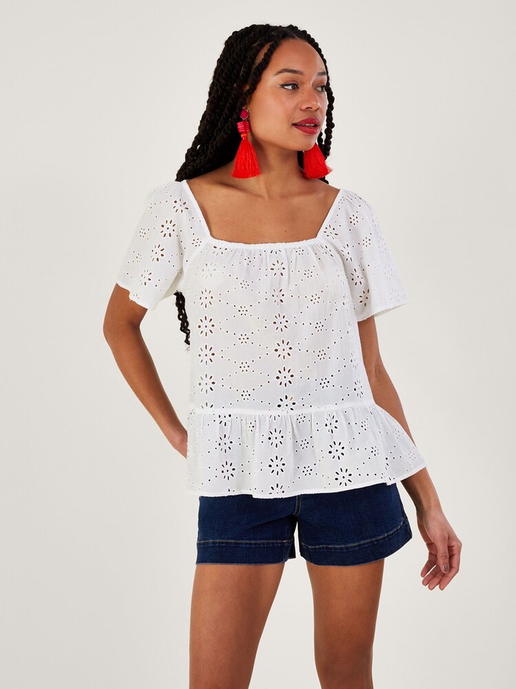 Monsoon White Plain Schiffli 100% Cotton Top - Image 1 of 5