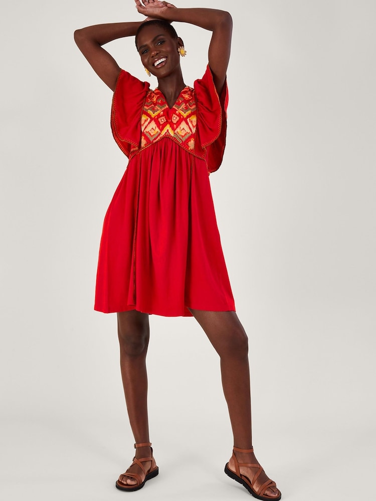 Monsoon Red Embroidered Ruffle Sleeve Jersey Dress - Image 1 of 5