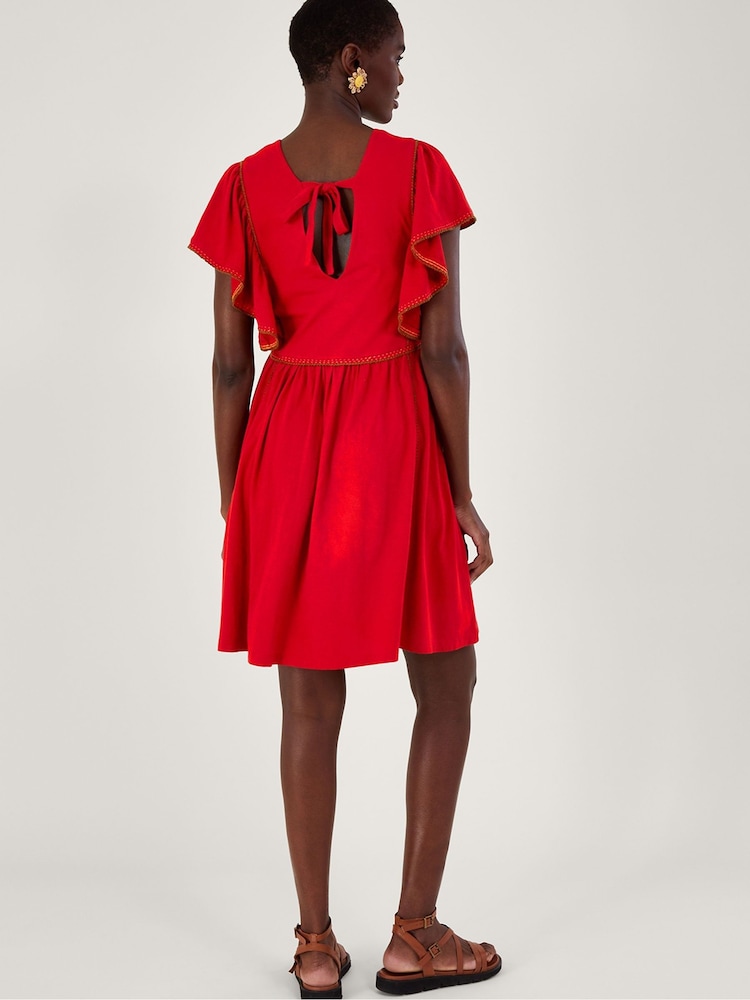 Monsoon Red Embroidered Ruffle Sleeve Jersey Dress - Image 2 of 5