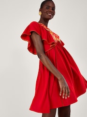 Monsoon Red Embroidered Ruffle Sleeve Jersey Dress - Image 3 of 5