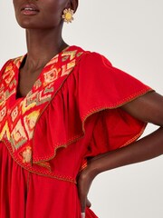 Monsoon Red Embroidered Ruffle Sleeve Jersey Dress - Image 4 of 5