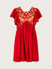 Monsoon Red Embroidered Ruffle Sleeve Jersey Dress - Image 5 of 5