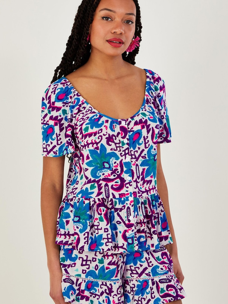 Monsoon Blue Fire Flower Ikat Print Short Sleeve Top in LENZING™ ECOVERO™ - Image 1 of 5