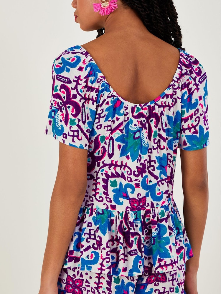 Monsoon Blue Fire Flower Ikat Print Short Sleeve Top in LENZING™ ECOVERO™ - Image 2 of 5