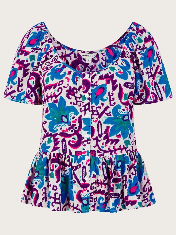 Monsoon Blue Fire Flower Ikat Print Short Sleeve Top in LENZING™ ECOVERO™ - Image 5 of 5