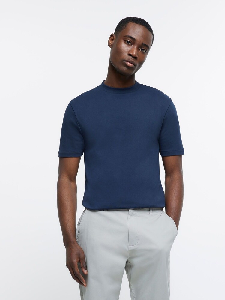 River Island Blue Slim Fit Studio Heavyweight 100% Cotton T-Shirt - Image 1 of 4