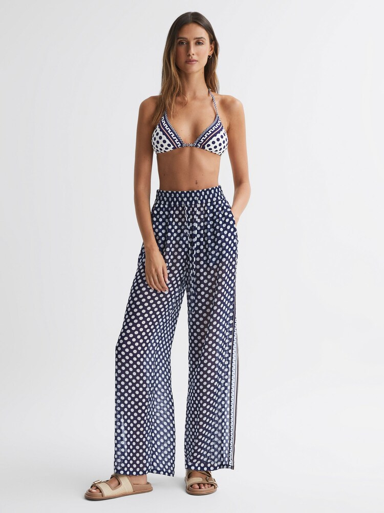 Reiss Navy/White Farah Polka Dot Split Hem Trousers - Image 1 of 4 Reiss Navy/White Farah Polka Dot Split Hem Trousers - Image 1 of 4