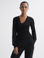 Reiss Black Brooklyn Sheer Sleeve V-Neck Top - Image 1 of 5