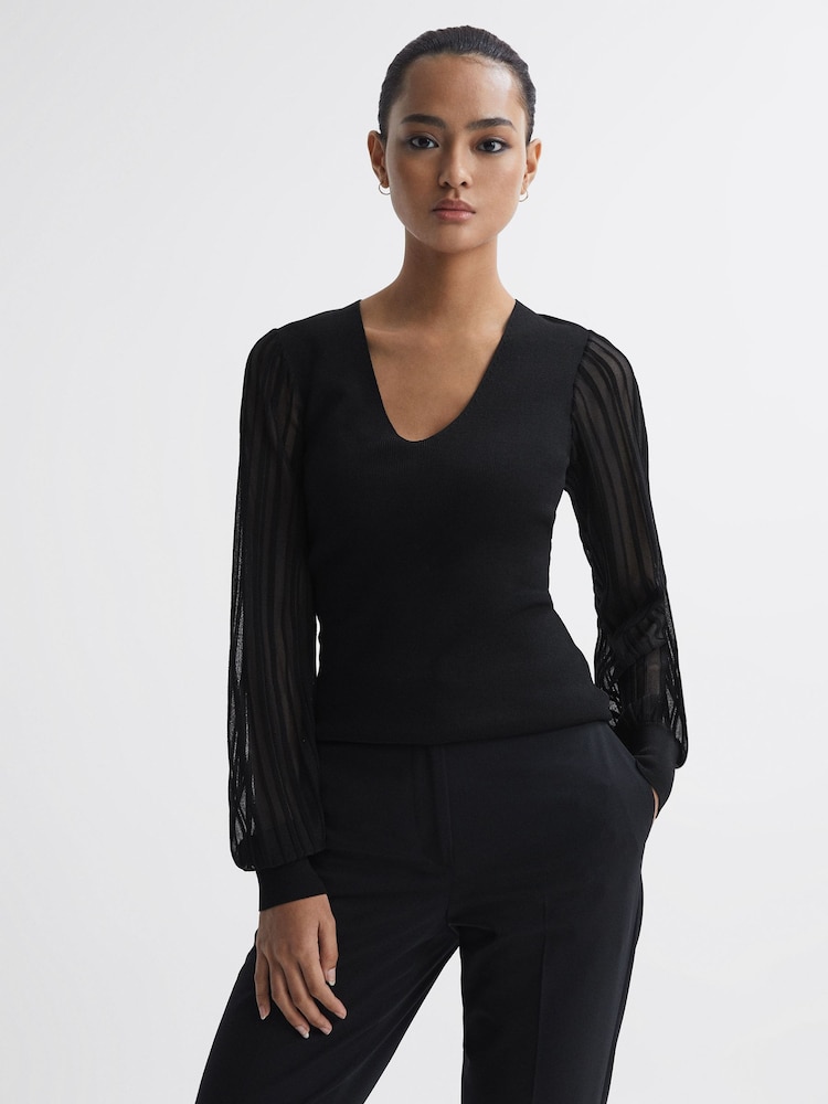 Reiss Black Brooklyn Sheer Sleeve V-Neck Top - Image 1 of 5